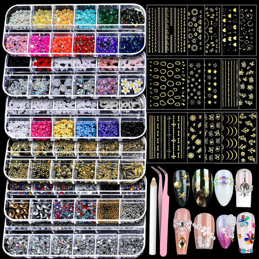 Teenitor Nail Charms Nail Gems with 15 Sheets Gold Nail Stickers, 6 Boxes of Rhinestones for Nails Art Tools, 3D Nail Decals Pearls for Nails