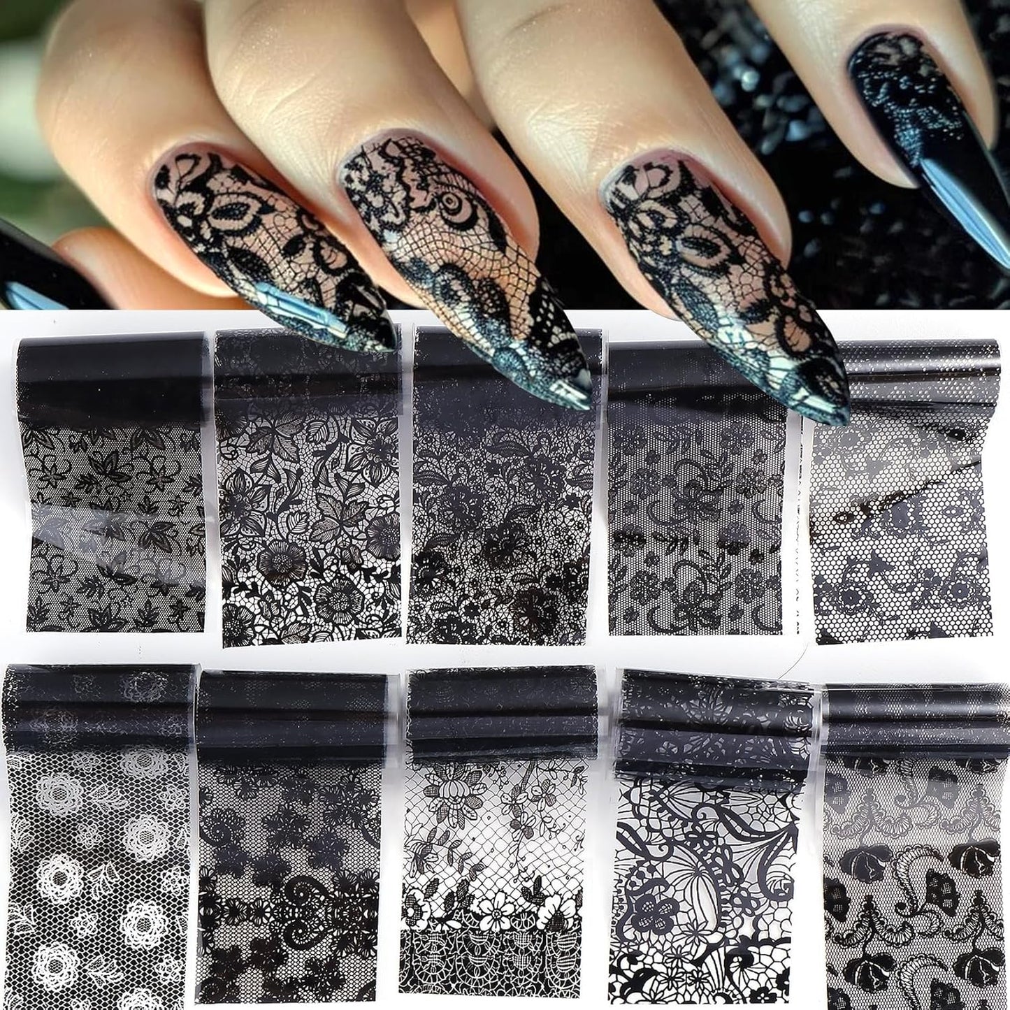 Lace Nail Transfer Foil Stickers 50PCS Black White Flower Lace Nail Foils Line Geometry Prints DIY Starry Paper Sheets Nails Art Decoration for Women Bride Wedding DIY Daily Designs Manicure Film