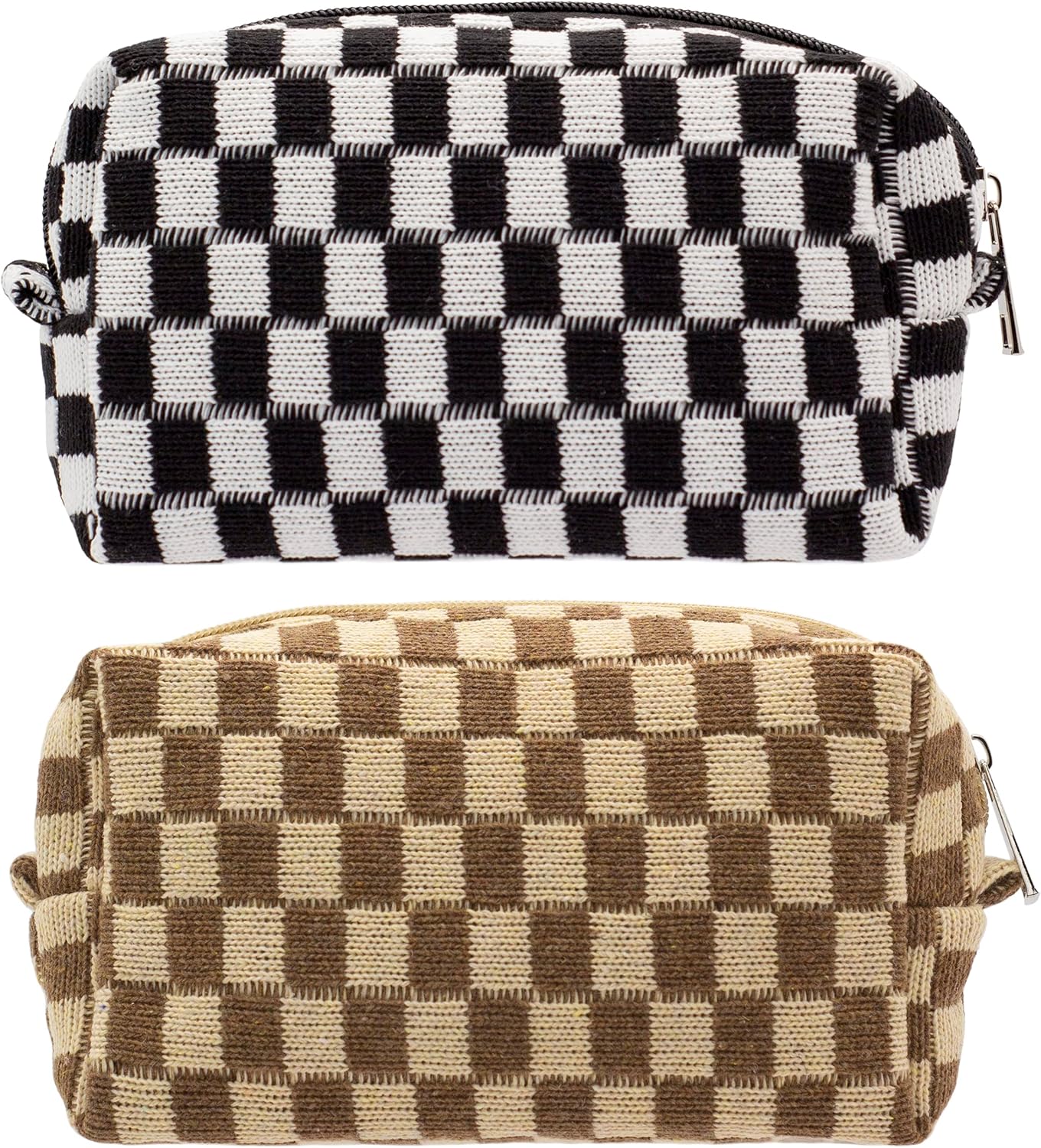 PAZIMIIK Checkered Makeup Bag for Purse Portable Zipper Make Up Pouch Small Cosmetic Case for Travel Accessories (2PCS Black Coffee)