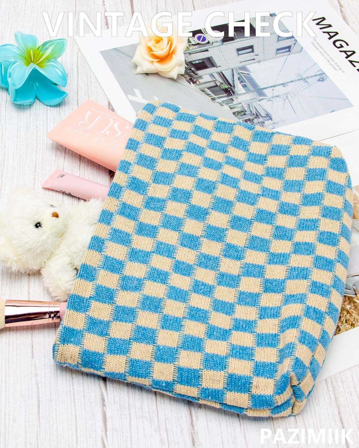 PAZIMIIK Knitted Checkered Makeup Bag Large Zipper Make Up Accessory Pouch for Purse Cosmetic Brush Bag for Travel Essential Blue Beige