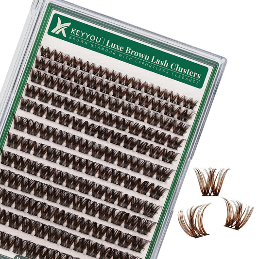 KEYYOU Brown Lash Clusters 144pcs Eyelash Clusters 8-18MIX D Curl Cluster Lashes Soft Wispy Lash Clusters Natural Look Brown DIY Lash Extension At Home(Brown02-D-8-18MIX)