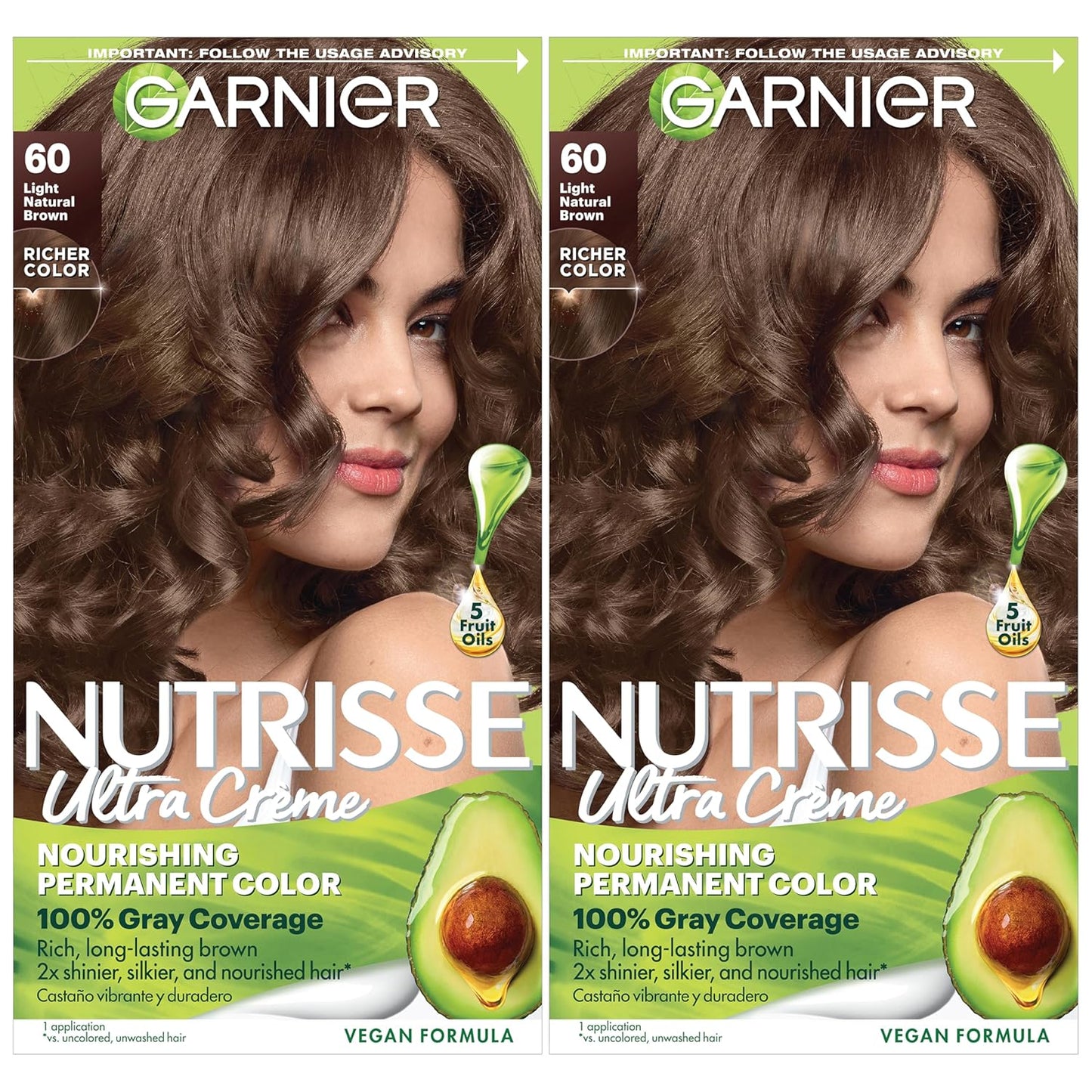 Garnier Hair Color Nutrisse Nourishing Creme, 60 Light Natural Brown (Acorn) Permanent Hair Dye, 2 Count (Packaging May Vary)