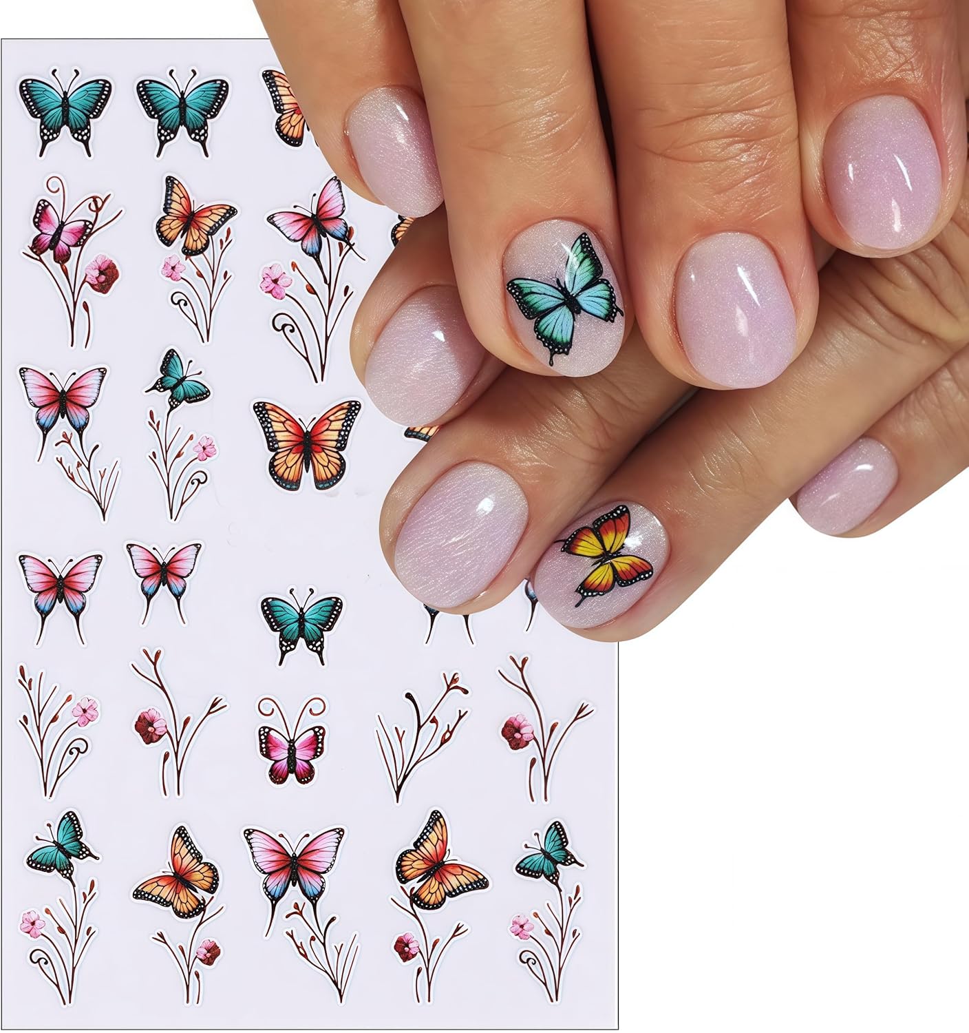 8 Sheets Butterfly Nail Stickers 3D Self-Adhesive Colorful Butterflies Decals Spring Summer Blue Butterfly Flower Designs Supplies for Women Girls DIY Manicure Decorations