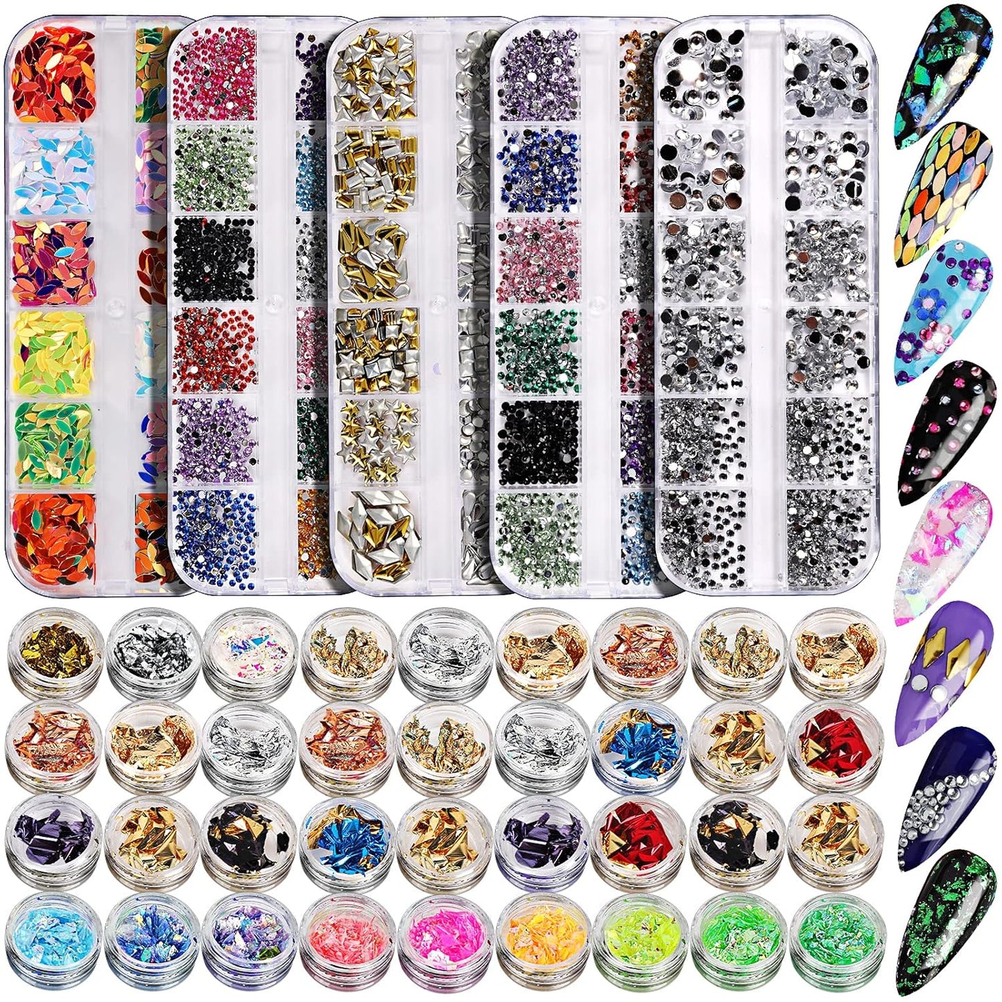 Teenitor 41 Boxes Rhinestones for Nails, Nail Gems 5 Boxes Nail Art Rhinestones 36 Boxes Nail Flakes, Nail Gems Stone Nail Design Kit, Nail Rhinestones for Nail Art Nail Accessories