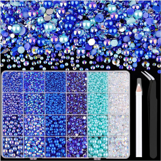 9000PCS Flatback Pearls and Rhinestones for Crafting, Dark Blue Mixed Size 3-10mm Resin Rhinestones and Half Pearls for Bedazzling, Nail Art and Decoration with Tweezer and Pickup Pencil
