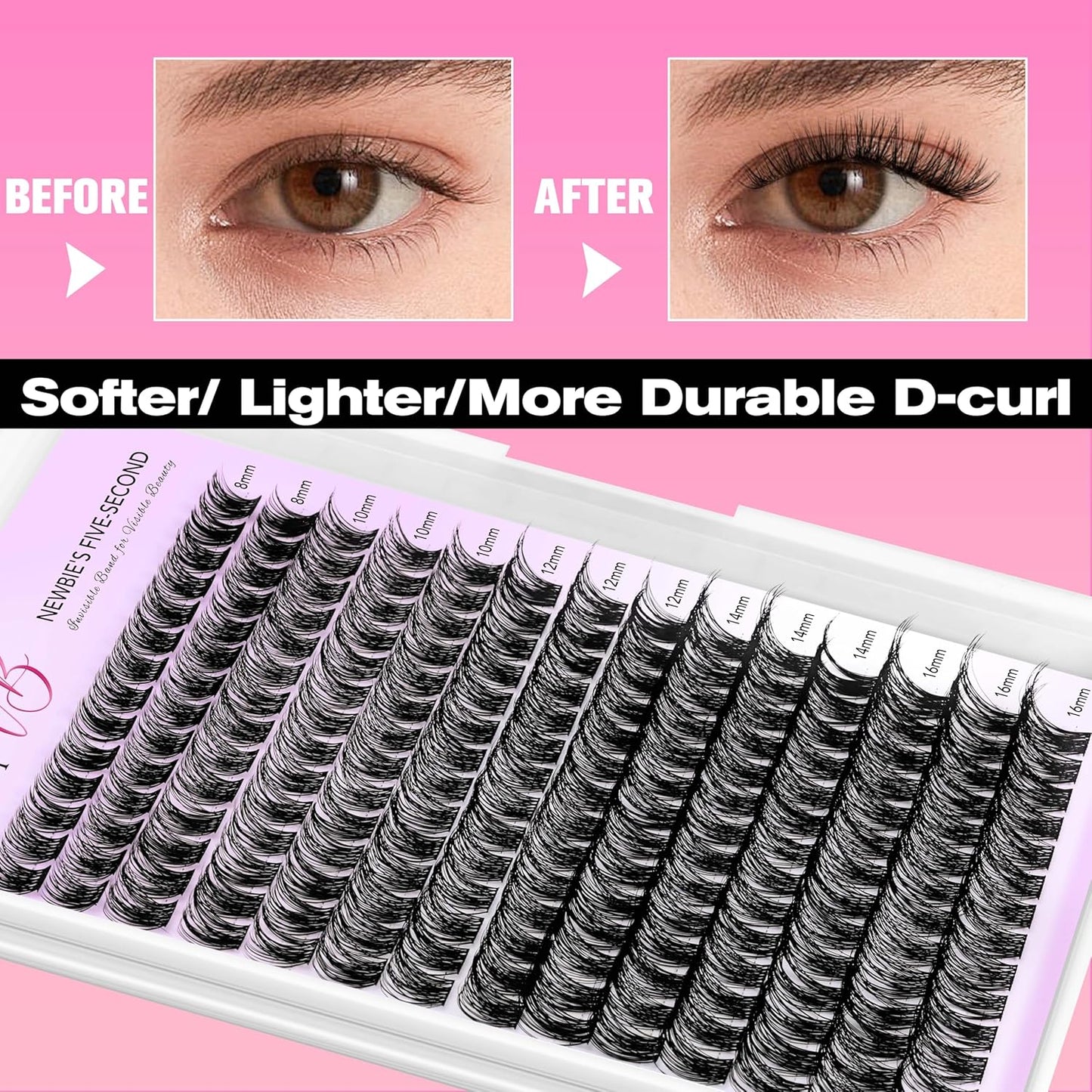 VEYESBEAUTY Lash Clusters Individual Eyelash Extensions Thin & Invisible Band DIY False Eyelashes for Self-application Newbie's Five-Second Series Wispy Lash Tray, Boldeye 8-16mm Mixed Length