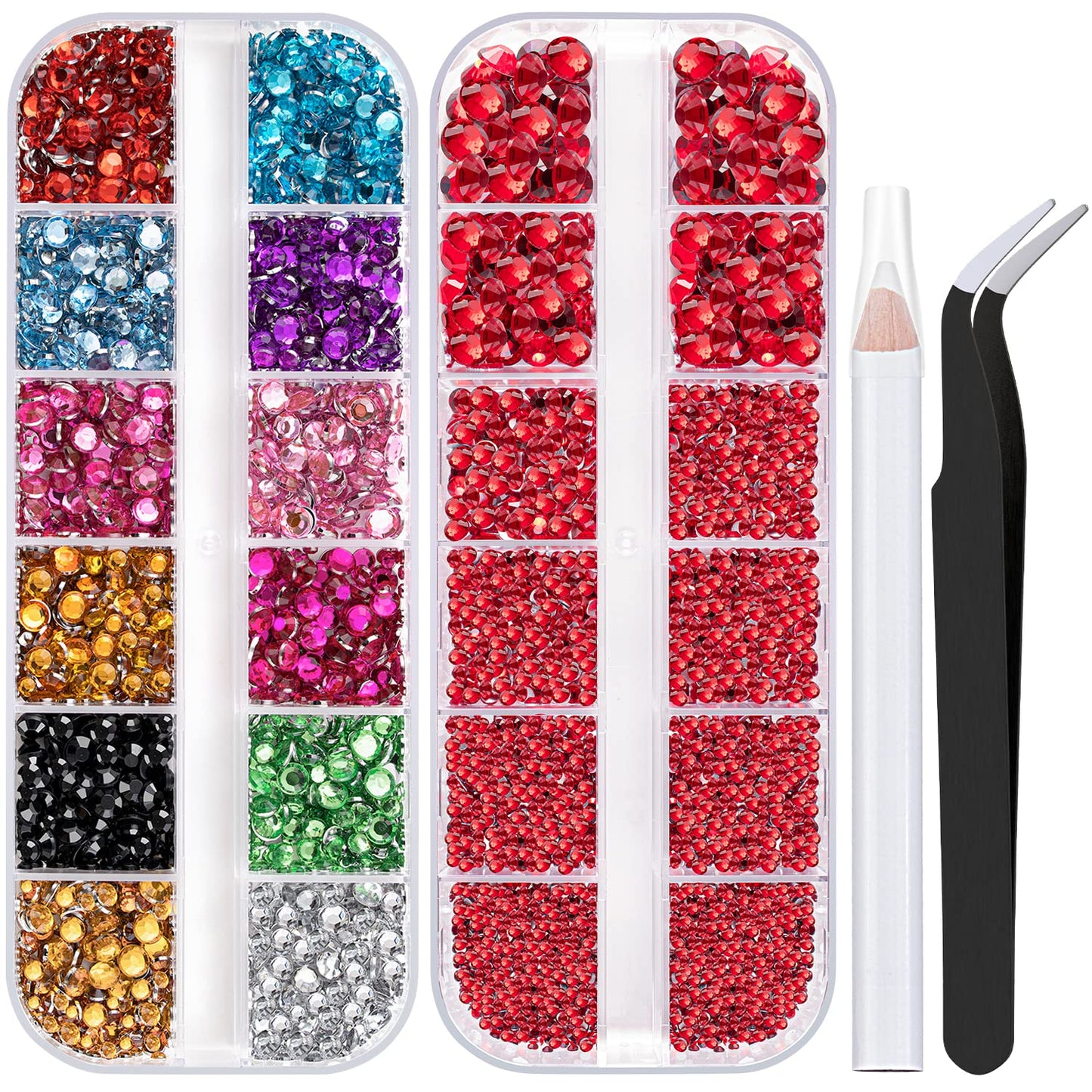 Two Packs of Flatback Rhinestones 4520 Pcs Colorful Nail Art Rhinestones Flatback Crystal Colorful+Red Rhinestone with Picker Pencil and Tweezer for Nail Art and Decoration