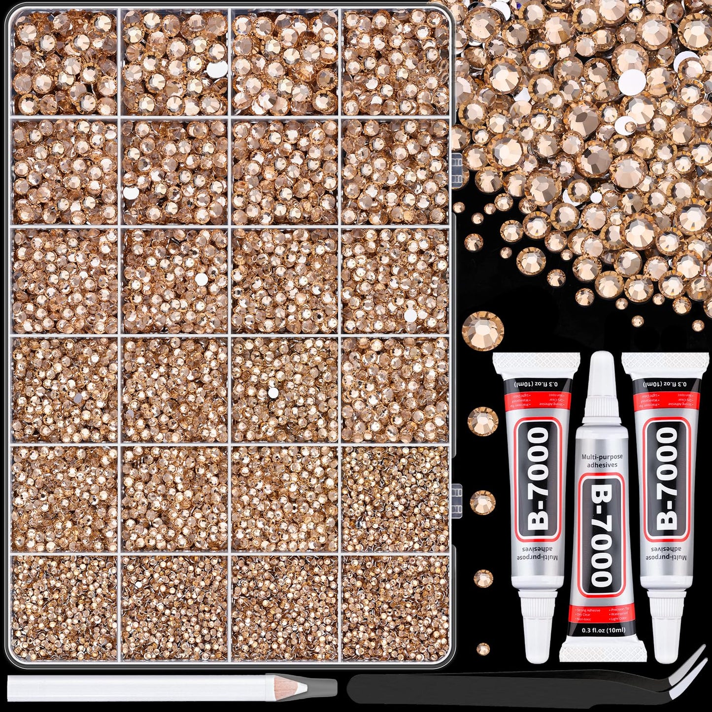 25000Pcs Resin Rhinestones with Tweezers for Crafting, Champagne 2-6mm Mixed Sizes Bedazzling Crystal with 3Pcs 10ml B7000 Jewelry Glue for DIY Crafts Clothing Tumblers Shoes Fabric Nail Art