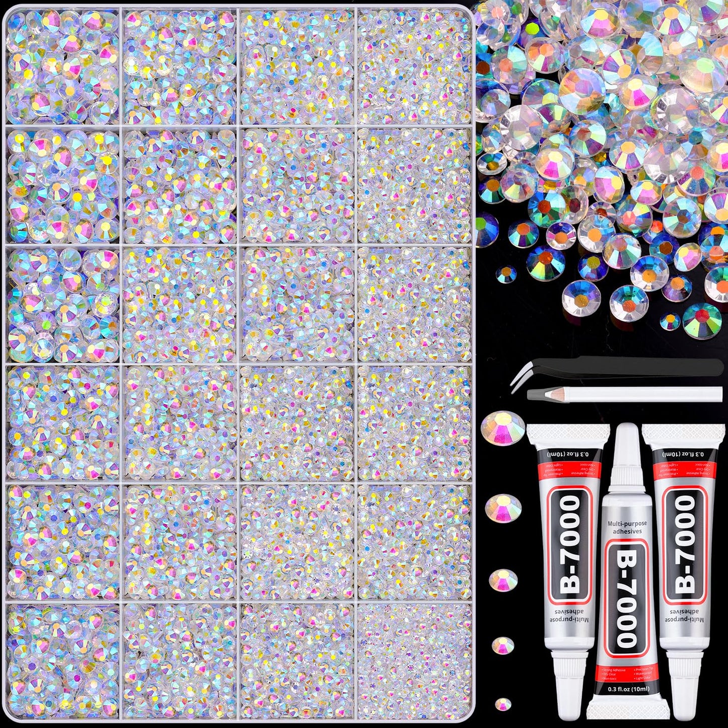 30000Pcs Resin Transparent AB Rhinestones for Bedazzling Crafting with b7000 Jewelry Glue, Bulk Flatback Gems Bedazzler Kit for Crafts Clothes Shoes Fabric Nail Diamond Art, Assorted Size 2/3/4/5/6mm