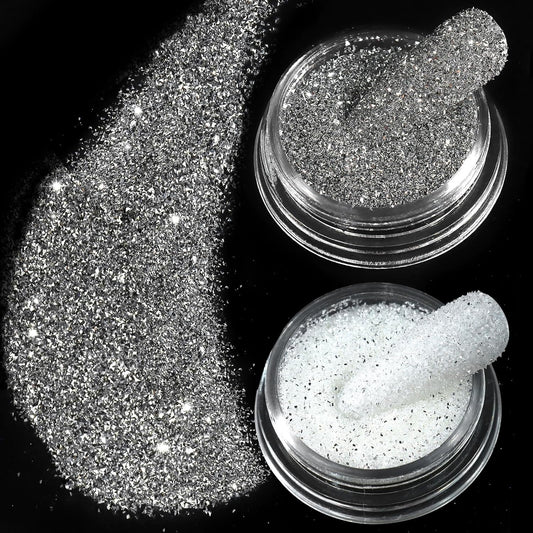 Allstarry Nail Glitter, 2 Colors Sparkling Silver Reflective Glitter Shiny White Diamond Dust Shimmery Sequins Crystal Gems for Nail Art Disco Party Nightclub Raves Festivals Concert Shows Wedding