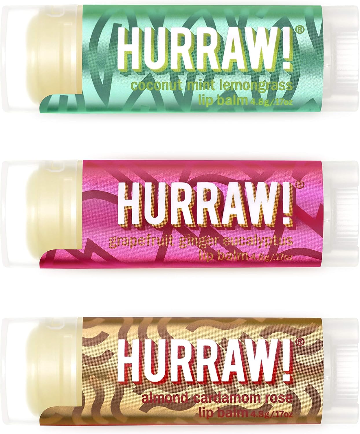 Hurraw! Pitta (Coconut, Mint, Lemon Grass), Kapha (Grapefruit, Ginger, Eucalyptus), Vata (Almond, Cardamon Rose) Lip Balms, 3 Pack Bundle: Organic, Certified Vegan, Cruelty, Gluten Free, 100% Natural