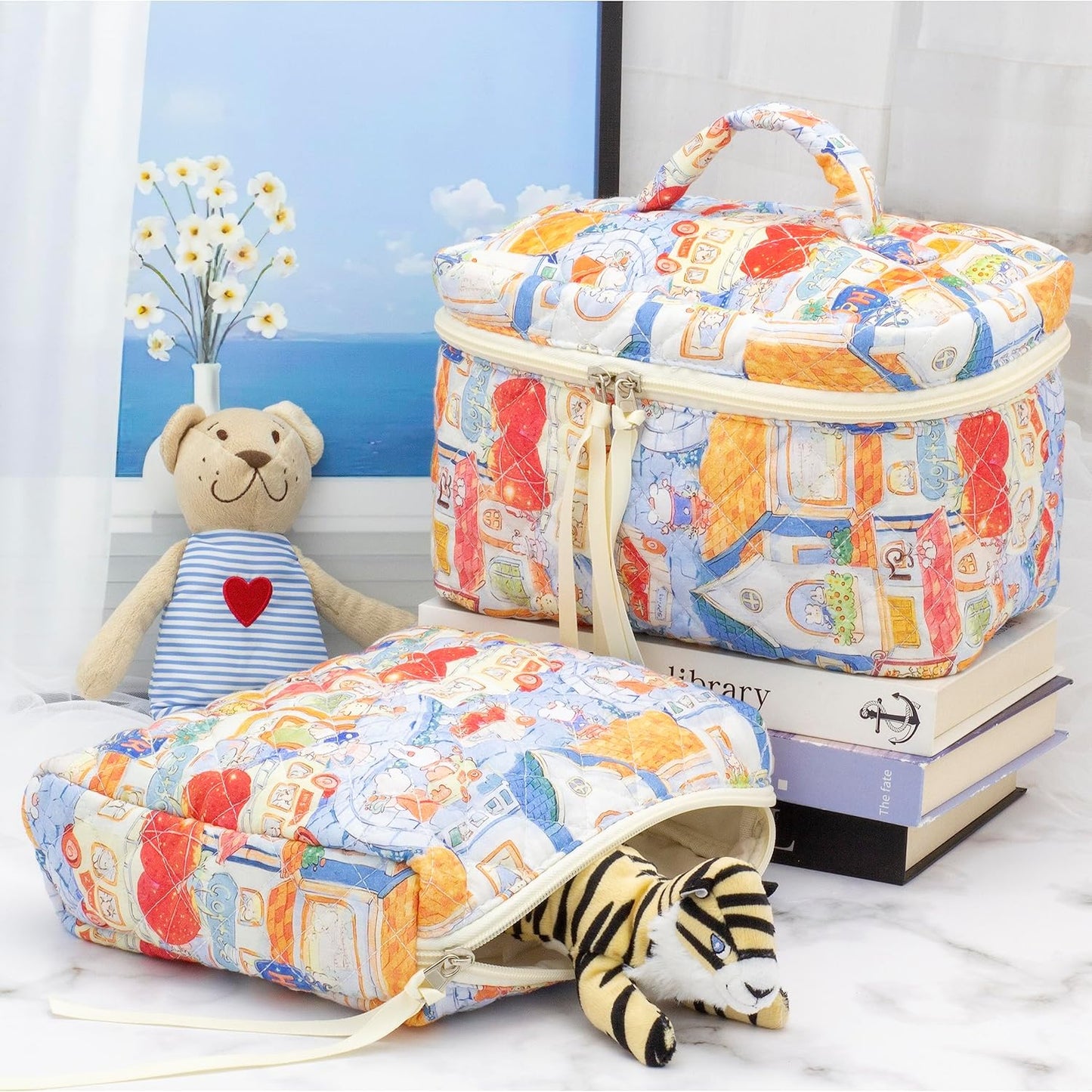 PAZIMIIK Quilted Makeup Bag Large Travel Zipper Soft Cosmetic Case for Women Girls Make Up,Little Bunny